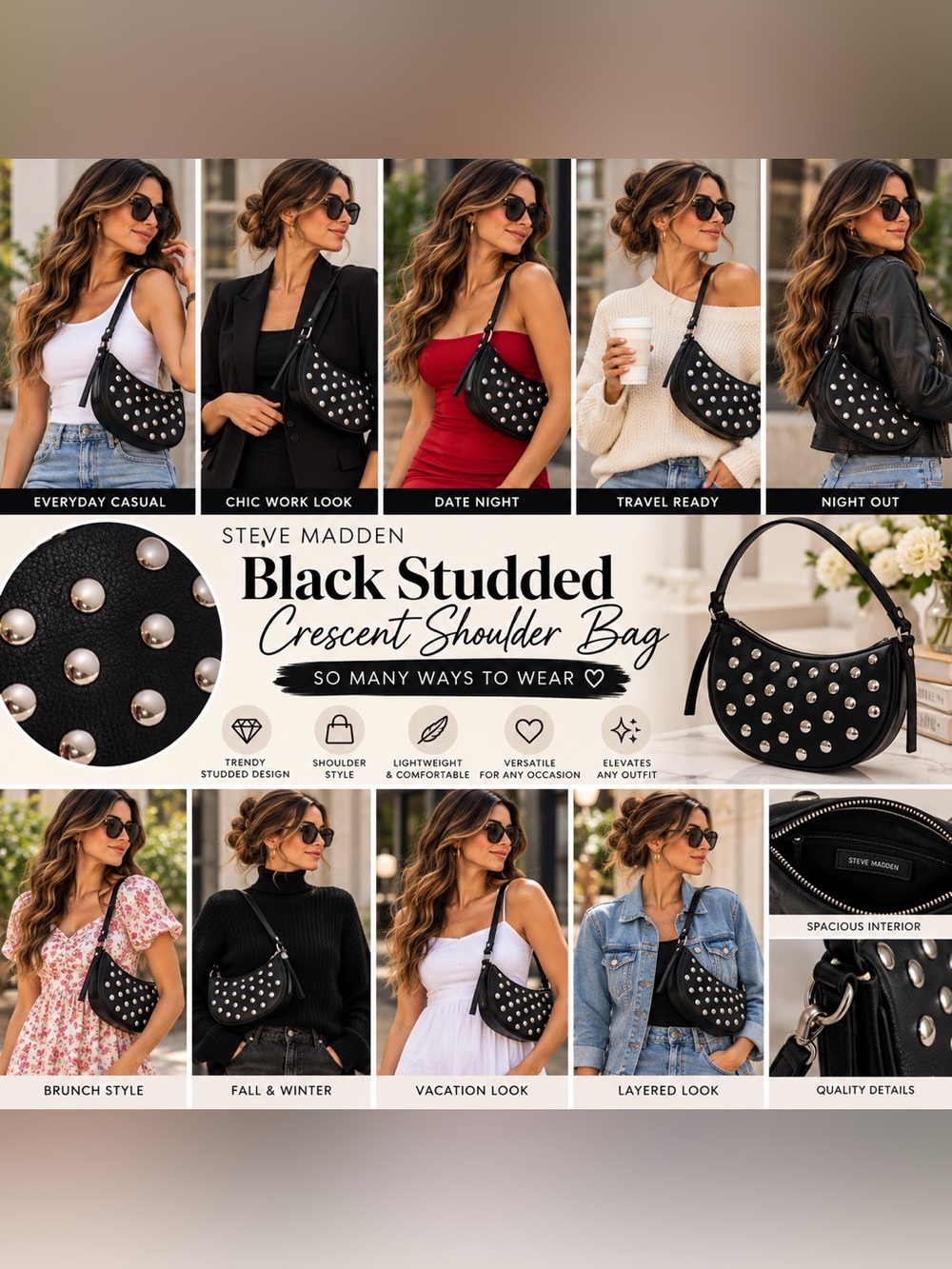 Steve Madden Black Studded Crescent Shoulder Bag BOX32BAGS